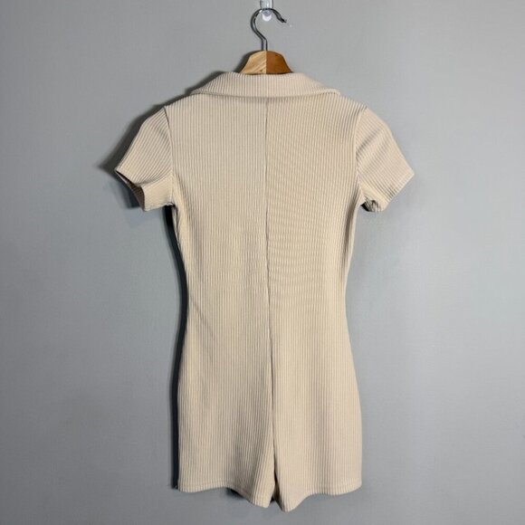 Edikted Lucia Ribbed Romper Women's XS Tan Button Up Collared Micro Mini Bodycon - Picture 4 of 15